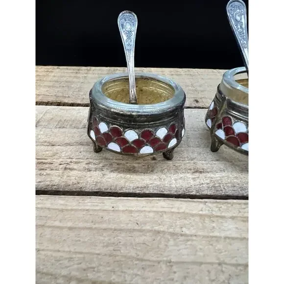 Set Of 3 Vnt Red Enamel Cloisonne Russian Hommet Ommet Open Salt Cellar W/Spoons